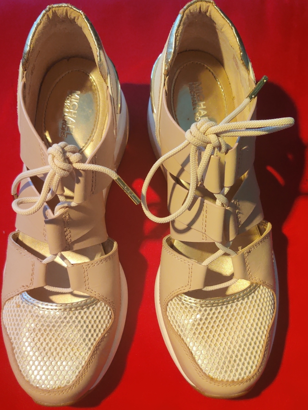 MICHAEL KORS Womens 36/6US Pink/Beige Leather Mesh Lace-Up Wedge Sneakers